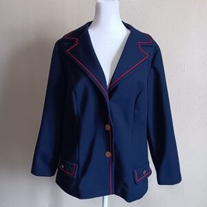 True Vintage Nautical Academia Navy Blue Red Trim Button Blazer Jacket Large